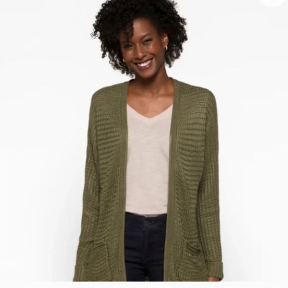 EUC PINQUE ANALEIGH OPEN FRONT KNITTED LONG SWEATER CARDIGAN OLIVE GREEN SMALL - Picture 1 of 11